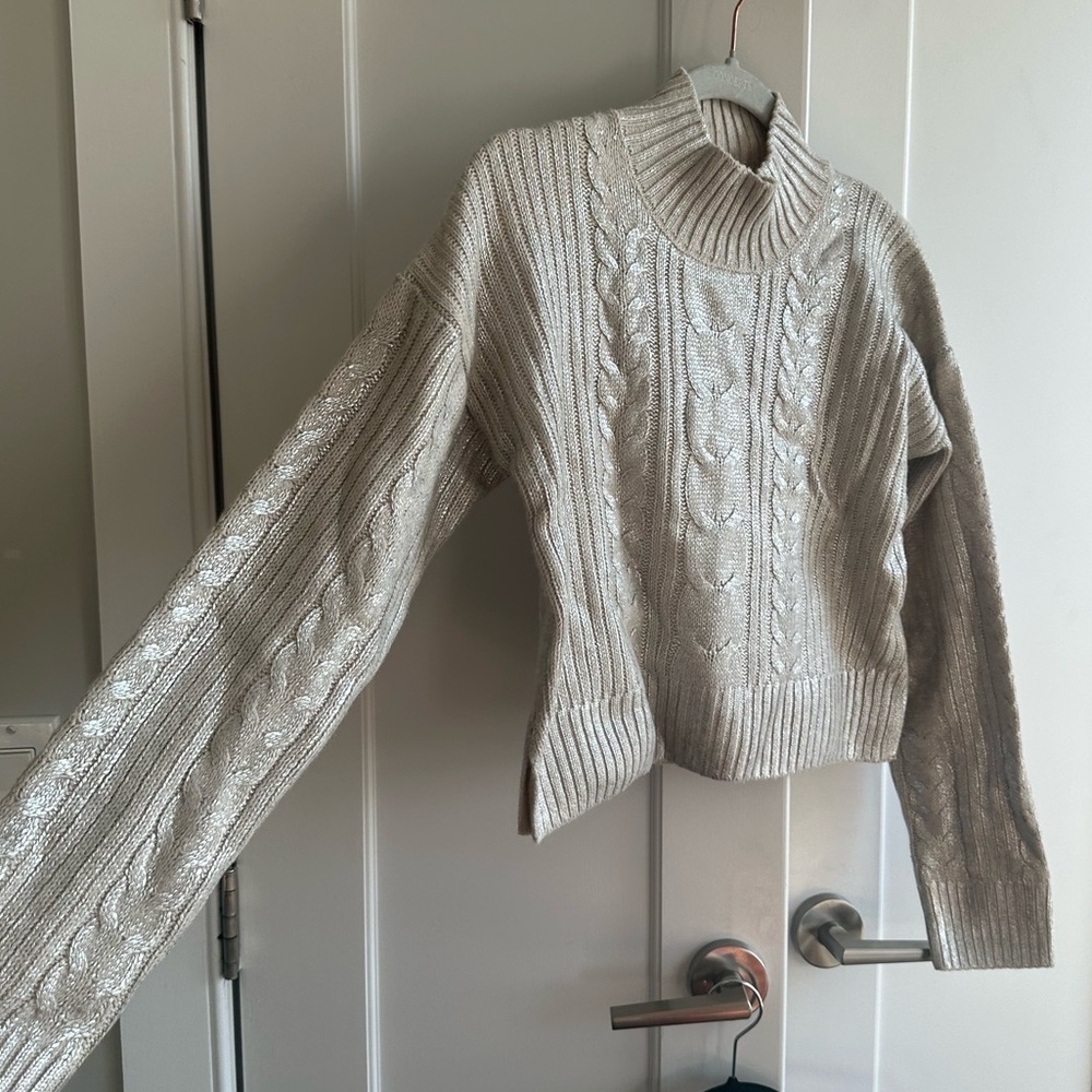 Silver Shiny Cable Knit Crop Sweater - Cream with Silver Coating